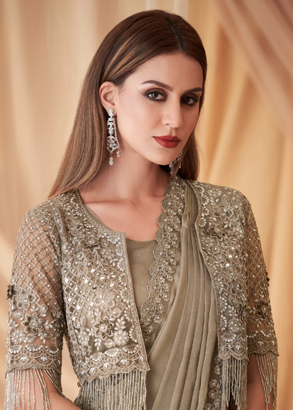 Beige Georgette Silk Embroidered Festive Party Saree - Image 2