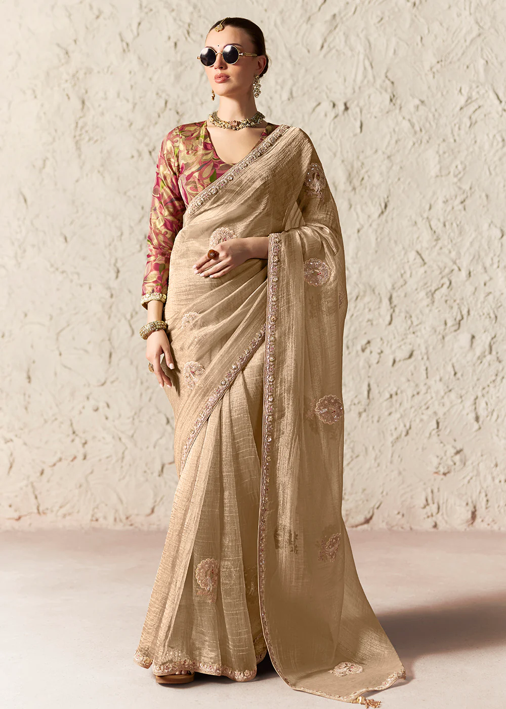 Beige Glass Tissue Organza Designer Wear Saree