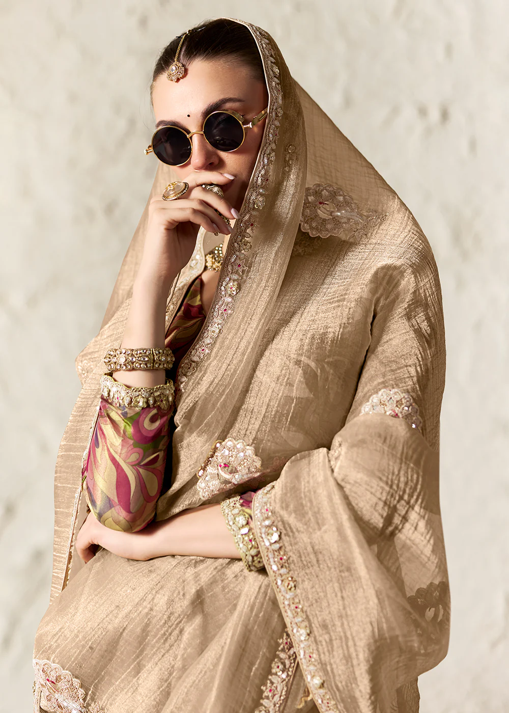 Beige Glass Tissue Organza Designer Wear Saree - Image 2