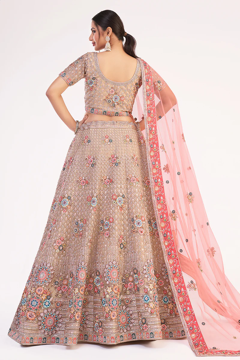 Beige Gold Designer Bridal Heavy Embroidered Lehenga Choli - Image 3