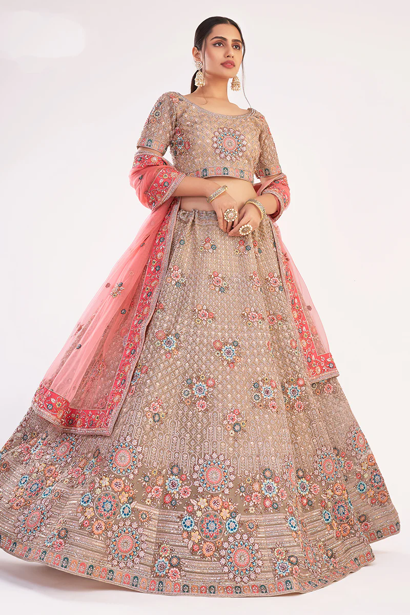 Beige Gold Designer Bridal Heavy Embroidered Lehenga Choli - Image 4