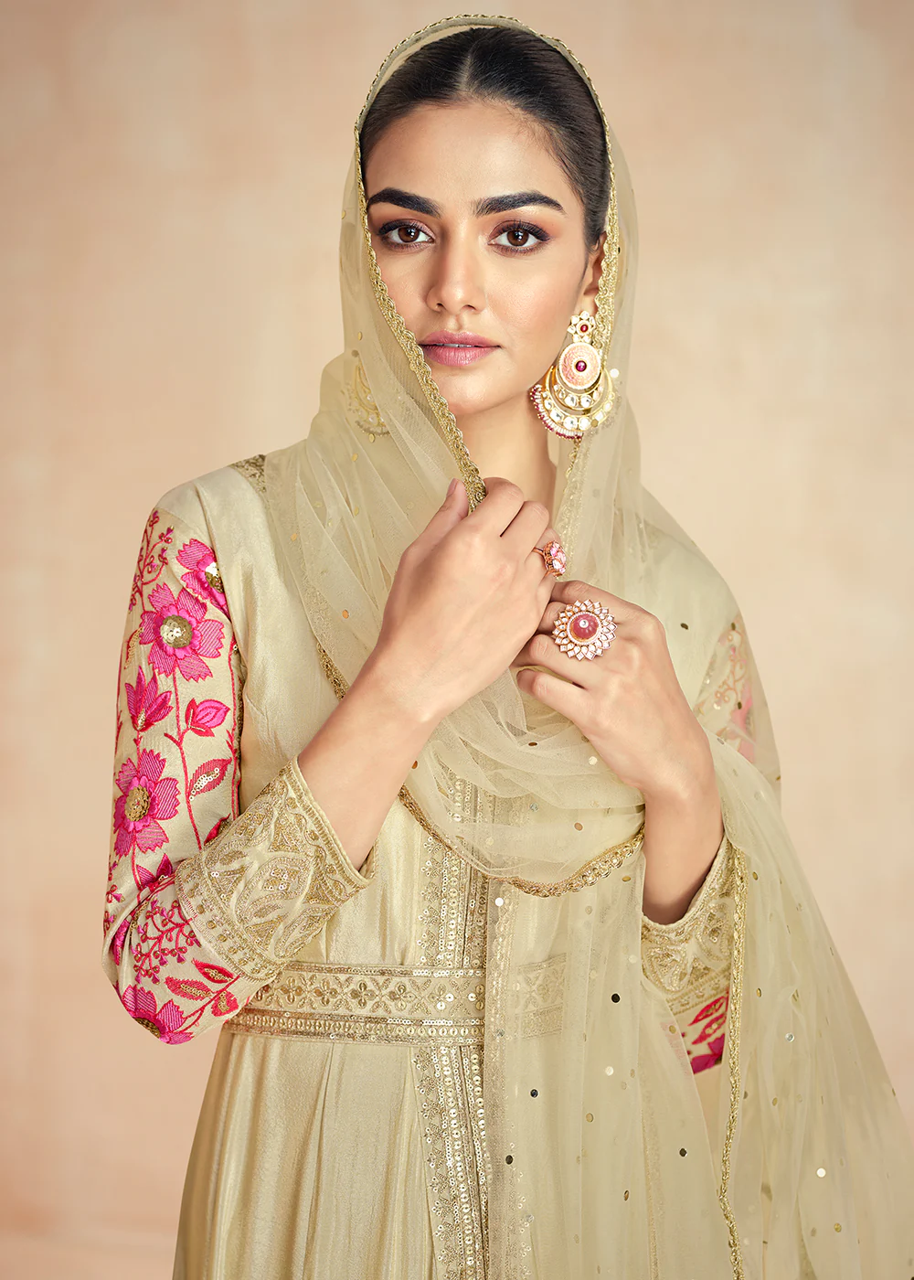 Beige Gold Embroidered Slit Style Festive Anarkali Suit - Image 2
