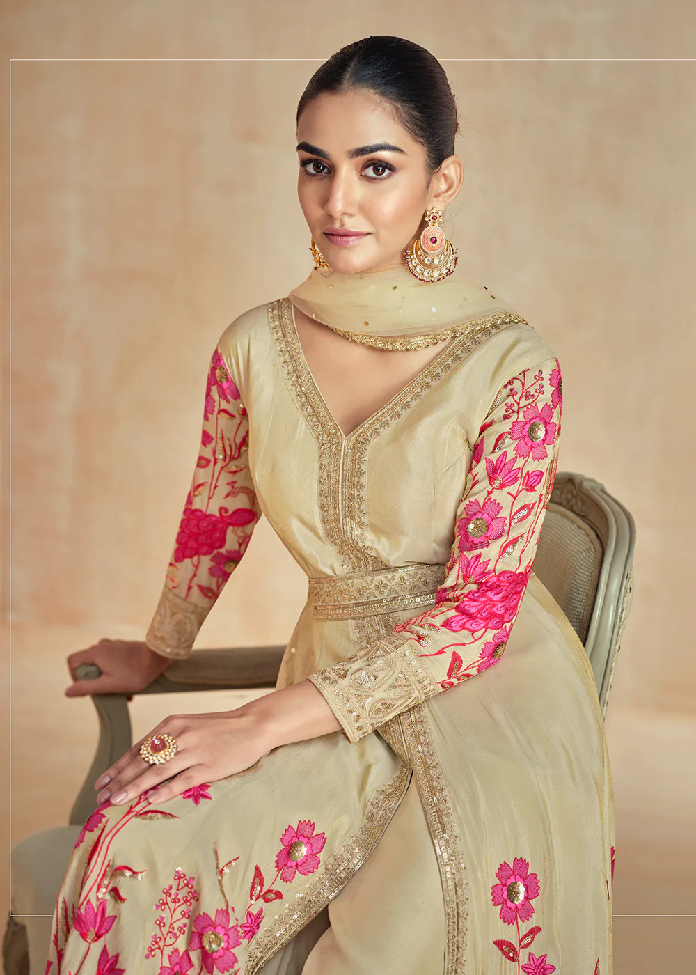 Beige Gold Embroidered Slit Style Festive Anarkali Suit - Image 4