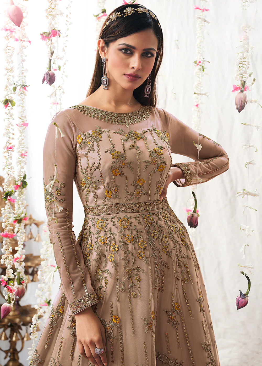 Beige Gold Wedding Festive Floor Length Anarkali Suit - Image 2