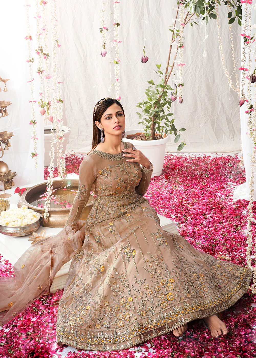 Beige Gold Wedding Festive Floor Length Anarkali Suit - Image 3