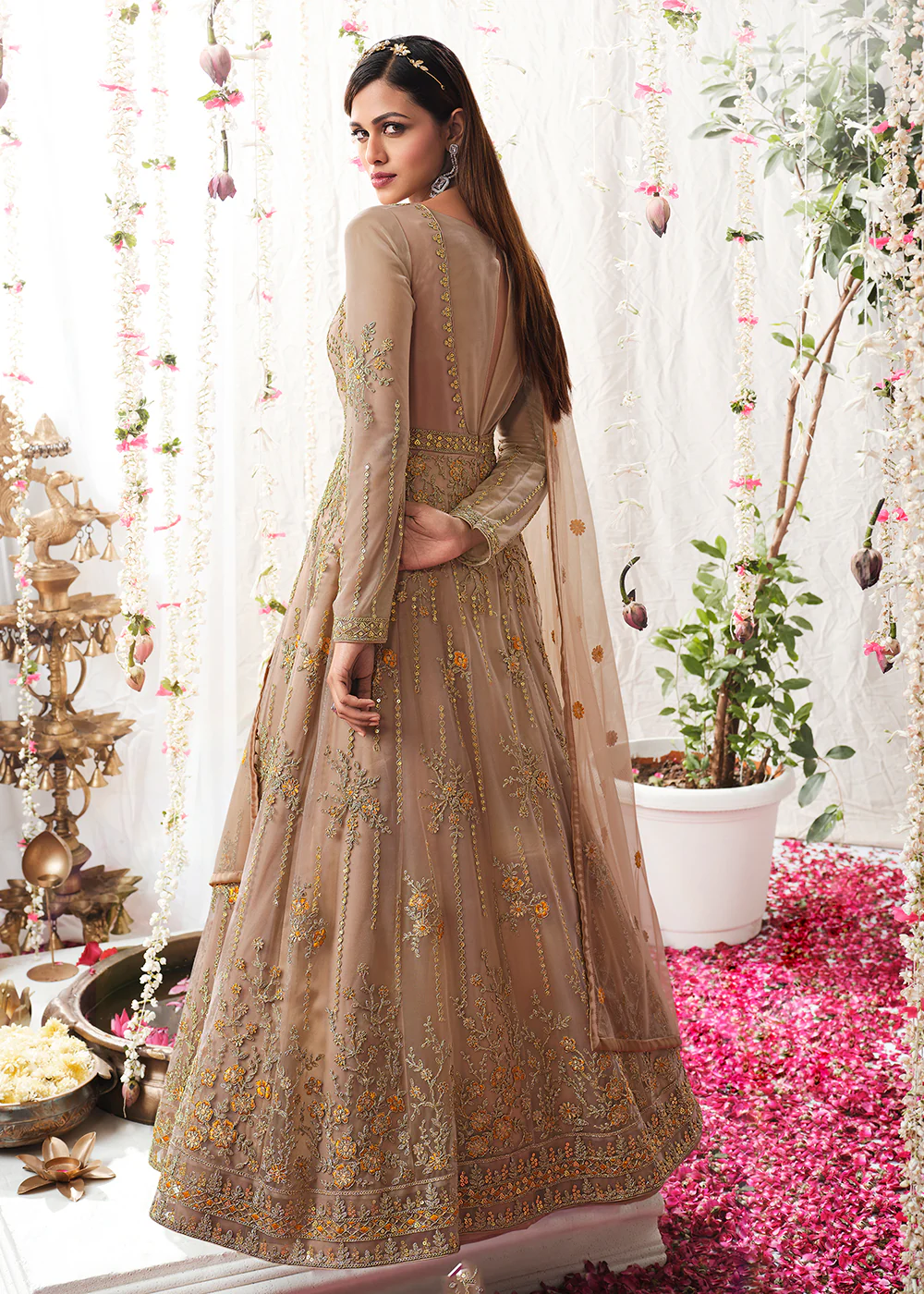 Beige Gold Wedding Festive Floor Length Anarkali Suit - Image 4