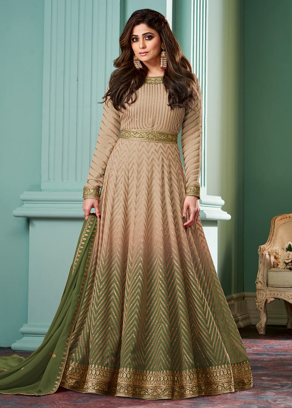 Beige & Green Belt Style Anarkali Featuring Shamita Shetty