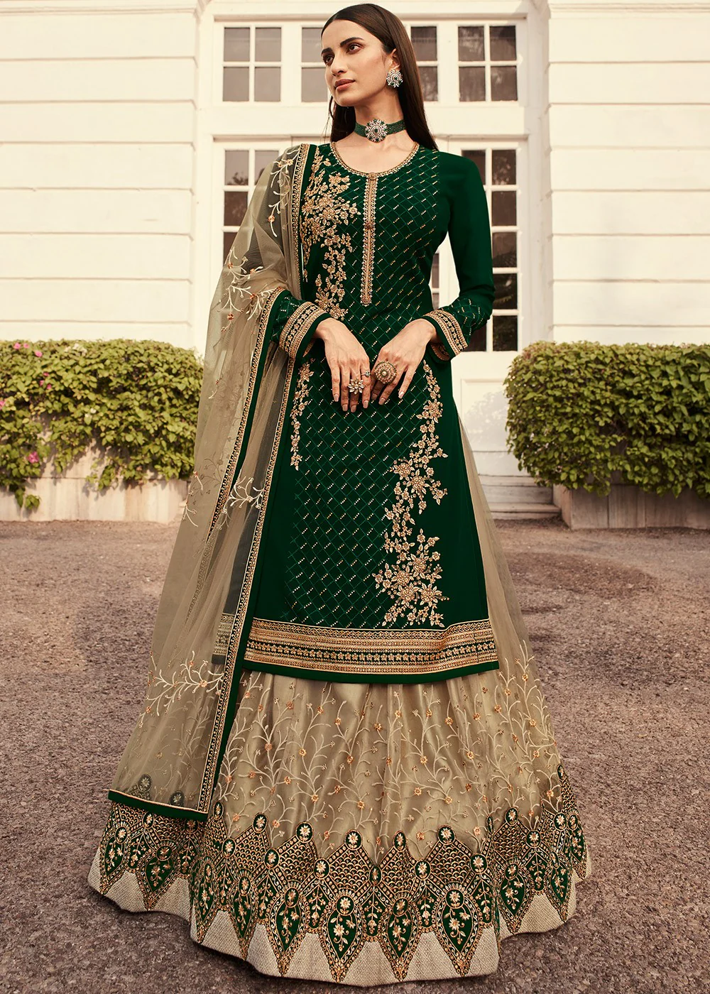 Beige & Green Long Kurti Style Embroidered Lehenga