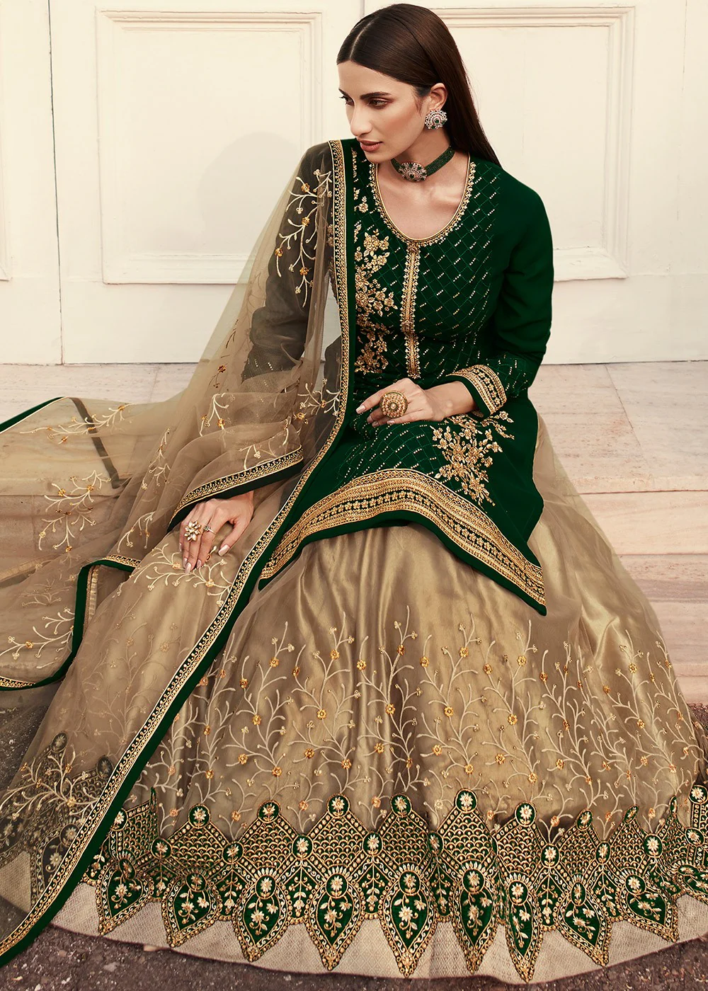 Beige & Green Long Kurti Style Embroidered Lehenga - Image 3