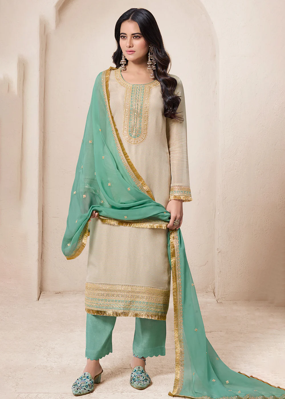 Beige & Green Viscose Organza Embroidered Salwar Suit
