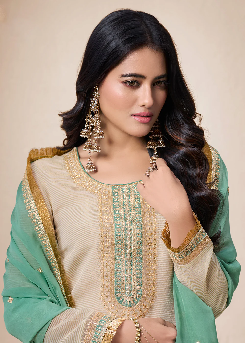 Beige & Green Viscose Organza Embroidered Salwar Suit - Image 2