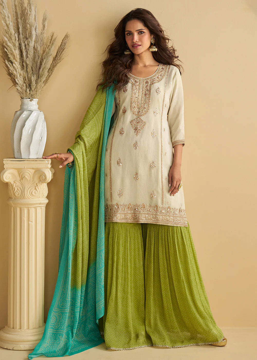 Beige & Green Wedding Festive Gharara Suit