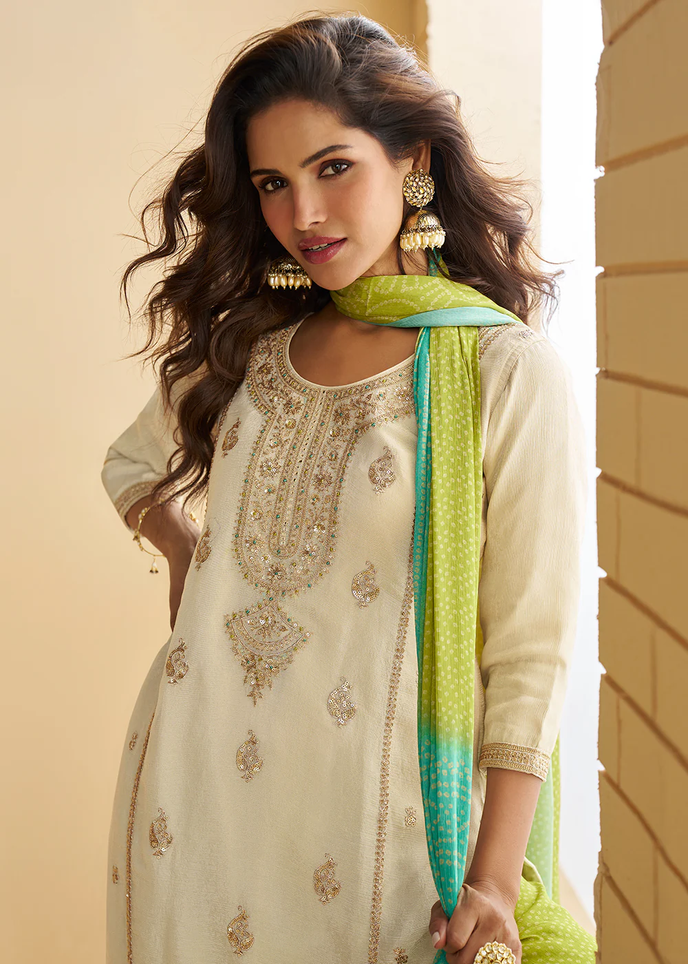 Beige & Green Wedding Festive Gharara Suit - Image 2