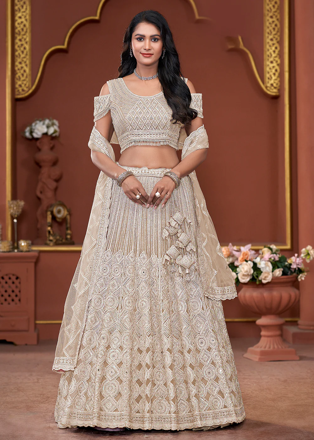Beige Heavy Embroidered Wedding Wear Lehenga Choli