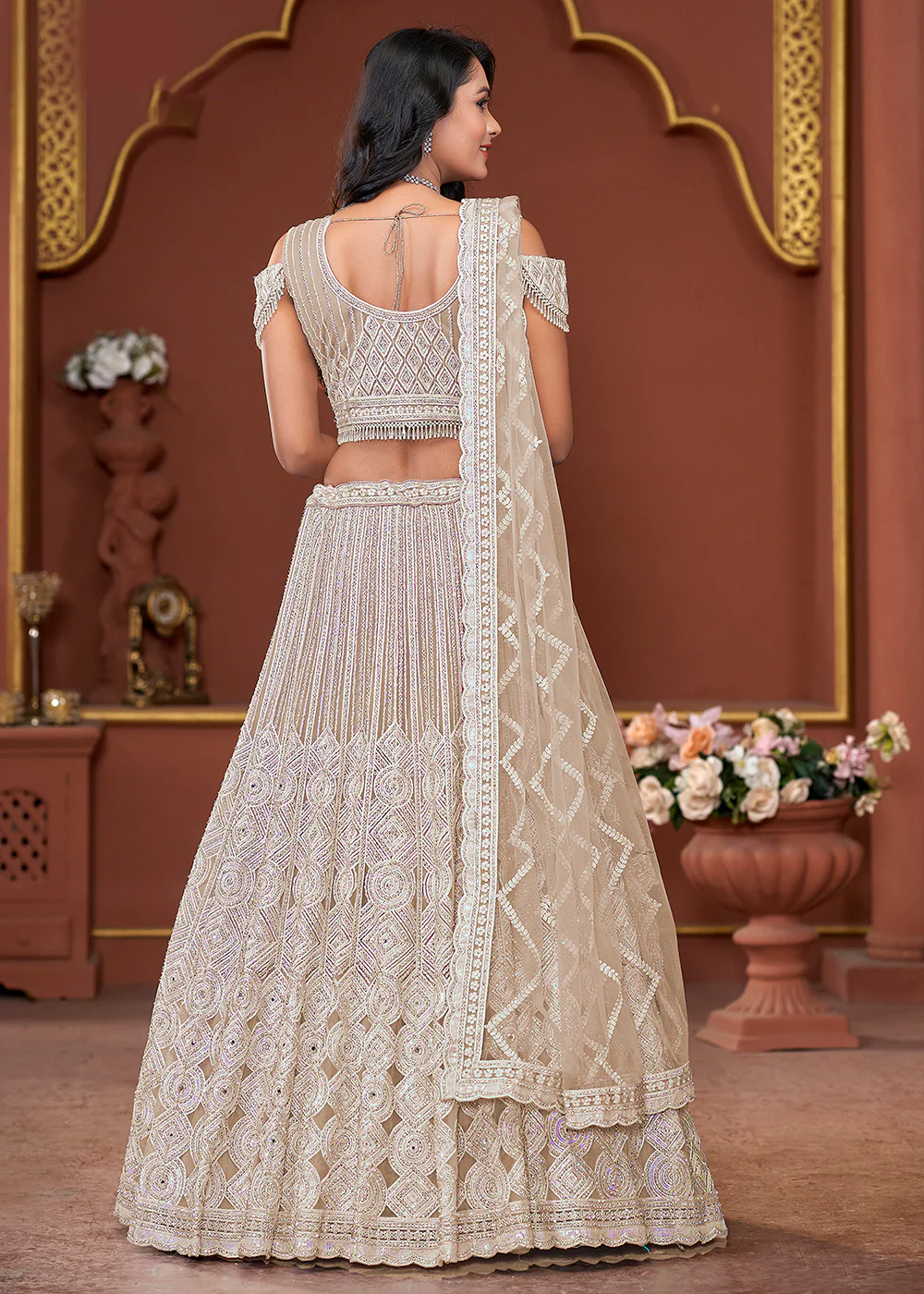 Beige Heavy Embroidered Wedding Wear Lehenga Choli - Image 3