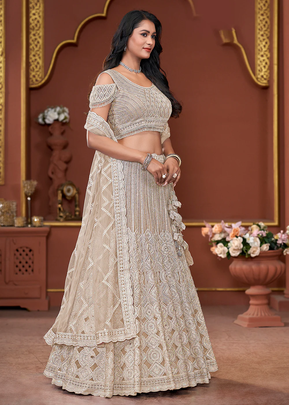 Beige Heavy Embroidered Wedding Wear Lehenga Choli - Image 4