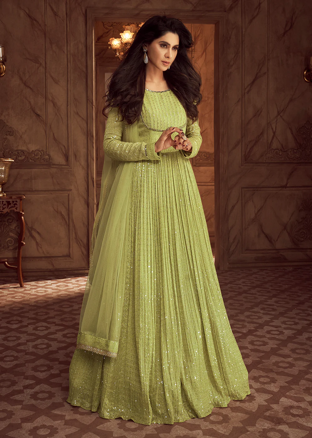 Green Heavy Georgette Embroidered Wedding Party Anarkali Gown - Image 3
