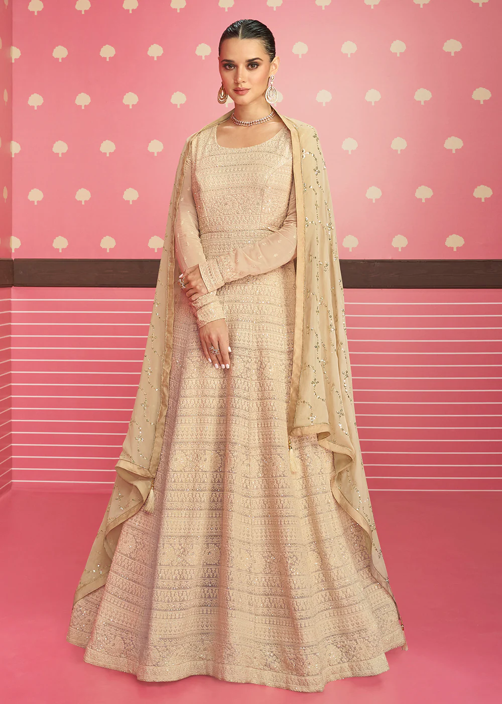 Beige Lucknowi Chikankari Embroidered Bridesmaid Anarkali Suit - Image 3