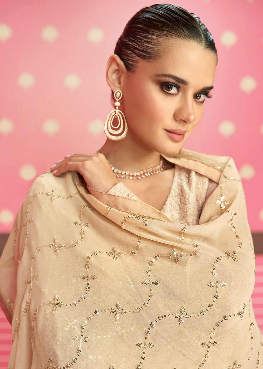 Beige Lucknowi Chikankari Embroidered Bridesmaid Anarkali Suit - Image 4