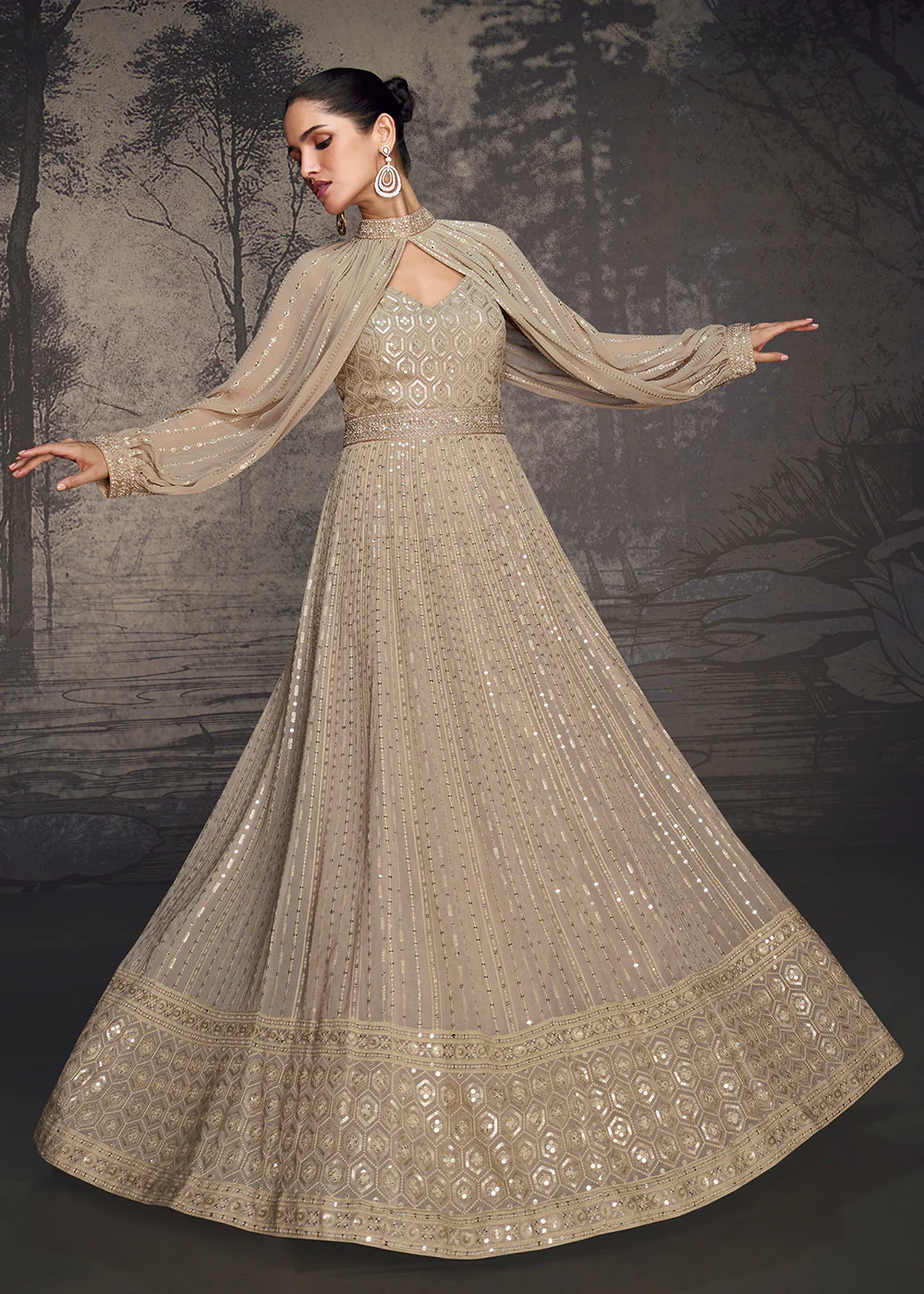 Beige Lucknowi Style Wedding Festive Anarkali Gown - Image 3