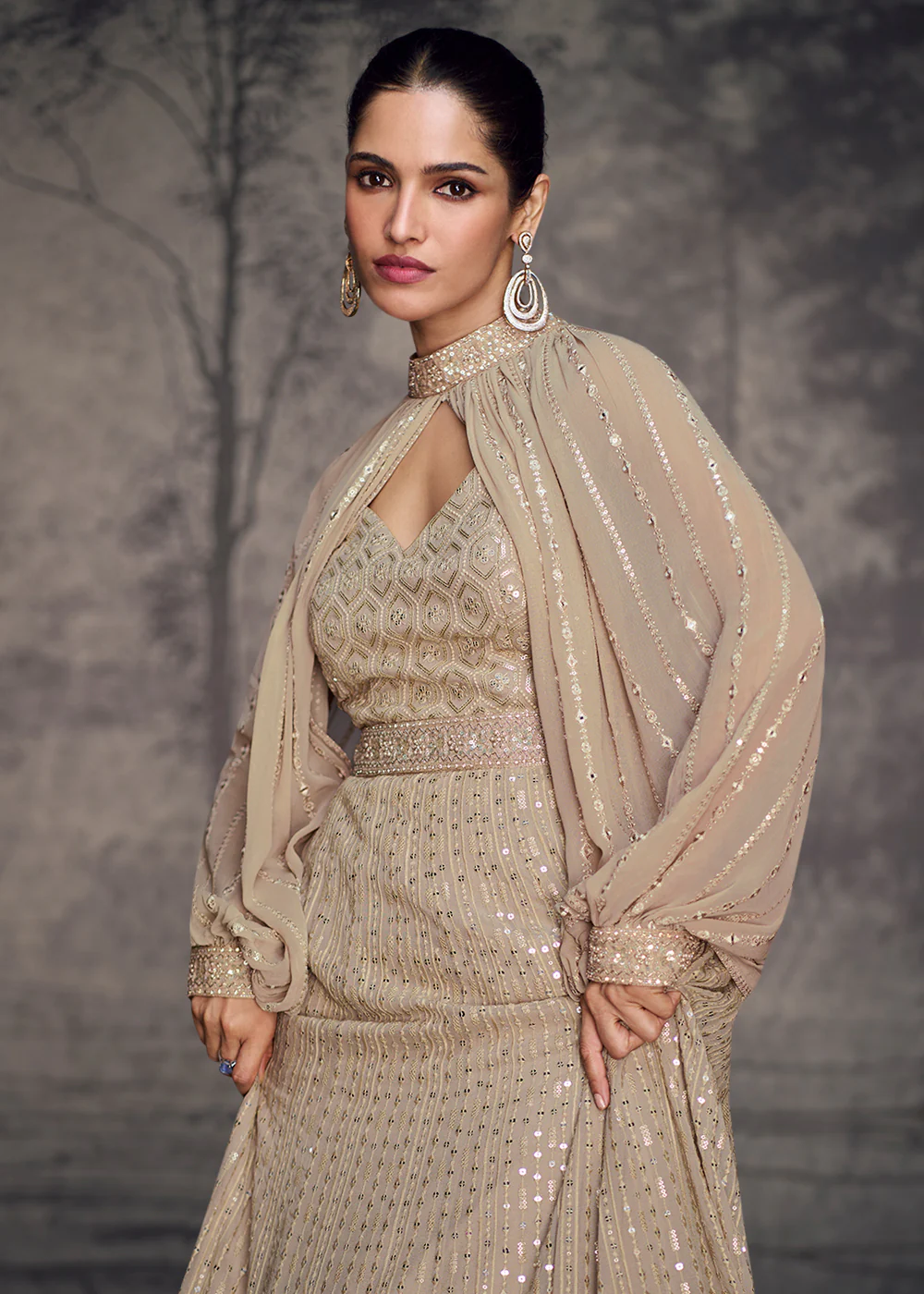 Beige Lucknowi Style Wedding Festive Anarkali Gown - Image 4