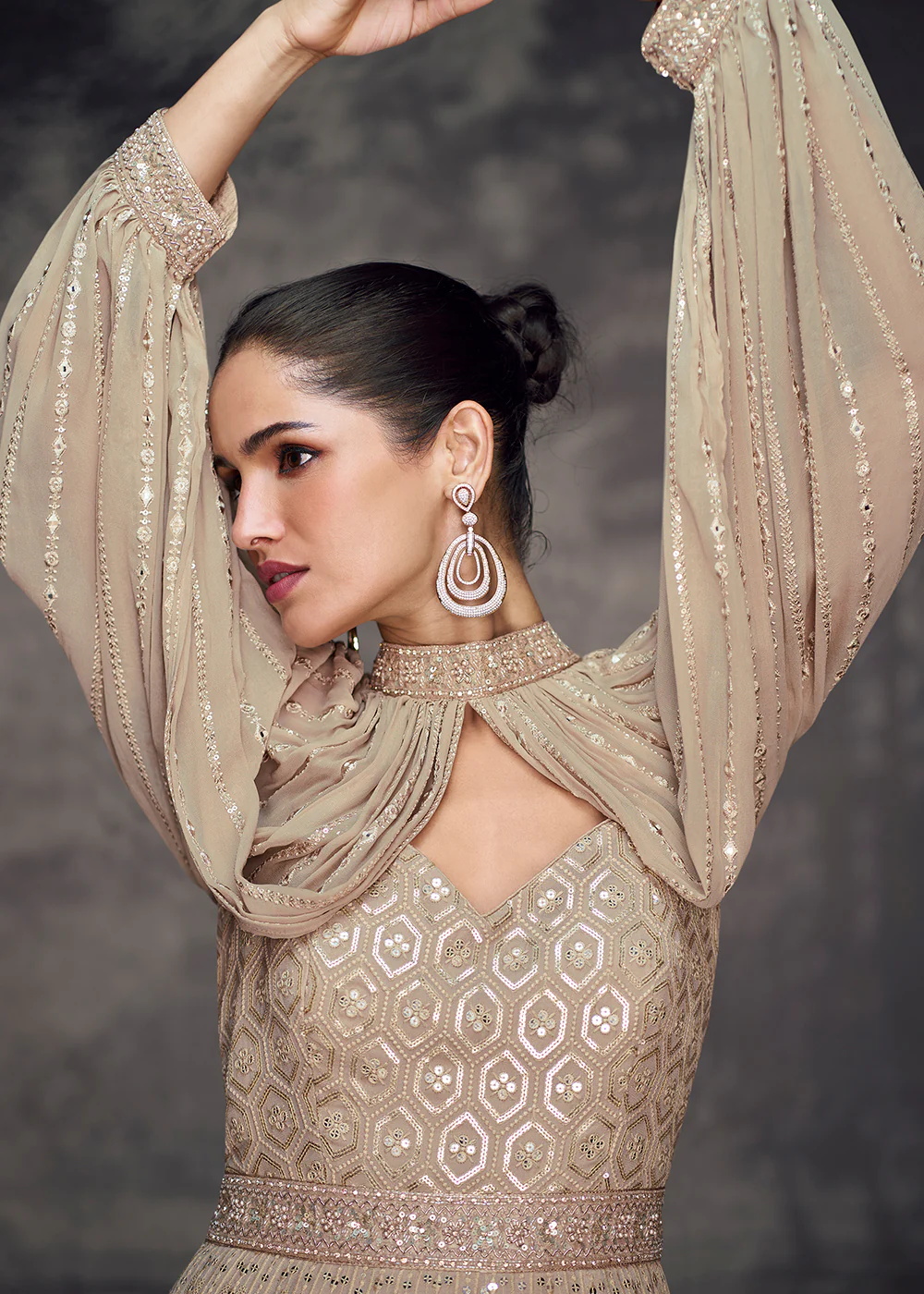 Beige Lucknowi Style Wedding Festive Anarkali Gown - Image 5