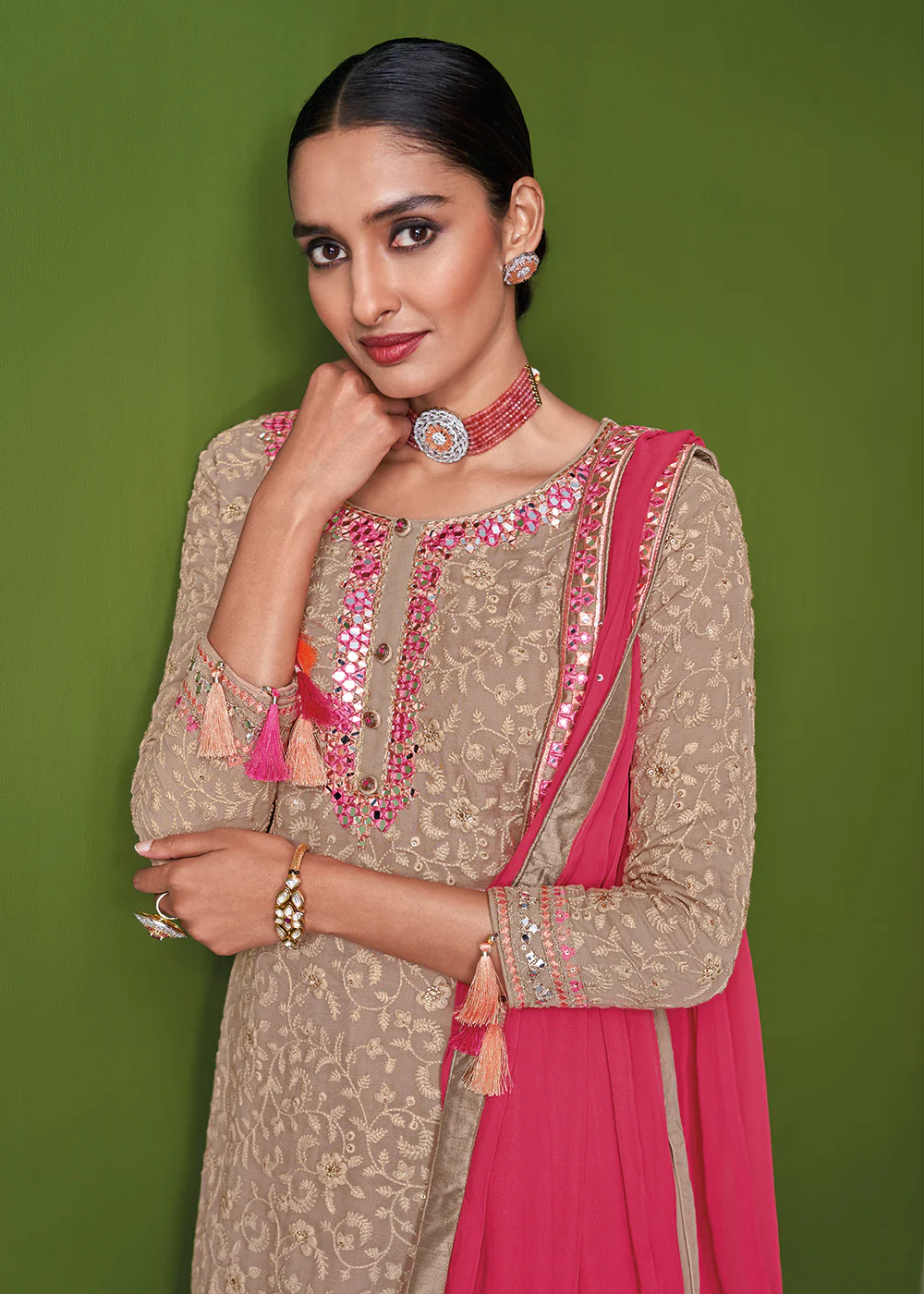 Beige Mauve Beautifully Embroidered Festive Palazzo Suit - Image 2