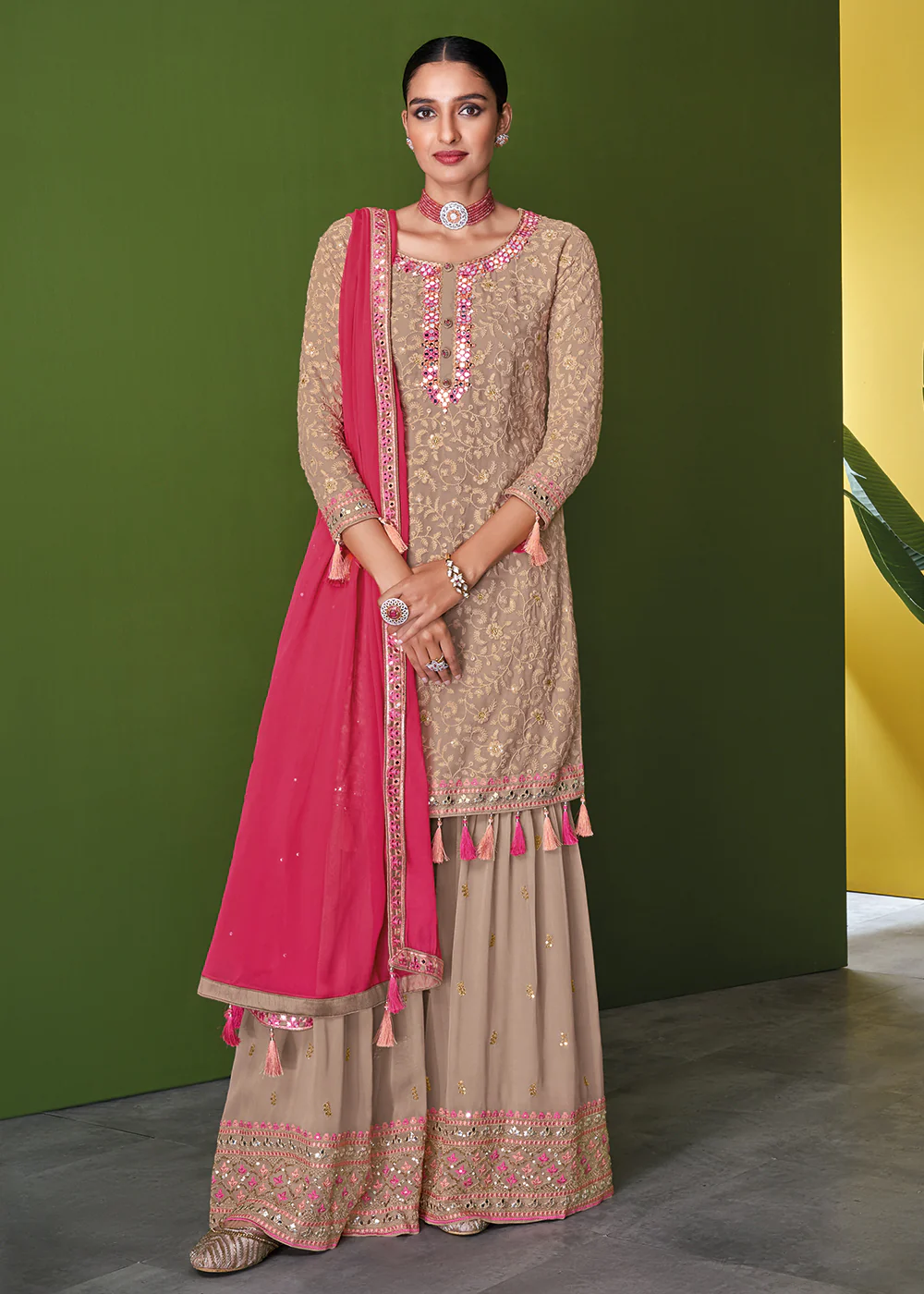 Beige Mauve Beautifully Embroidered Festive Palazzo Suit - Image 3