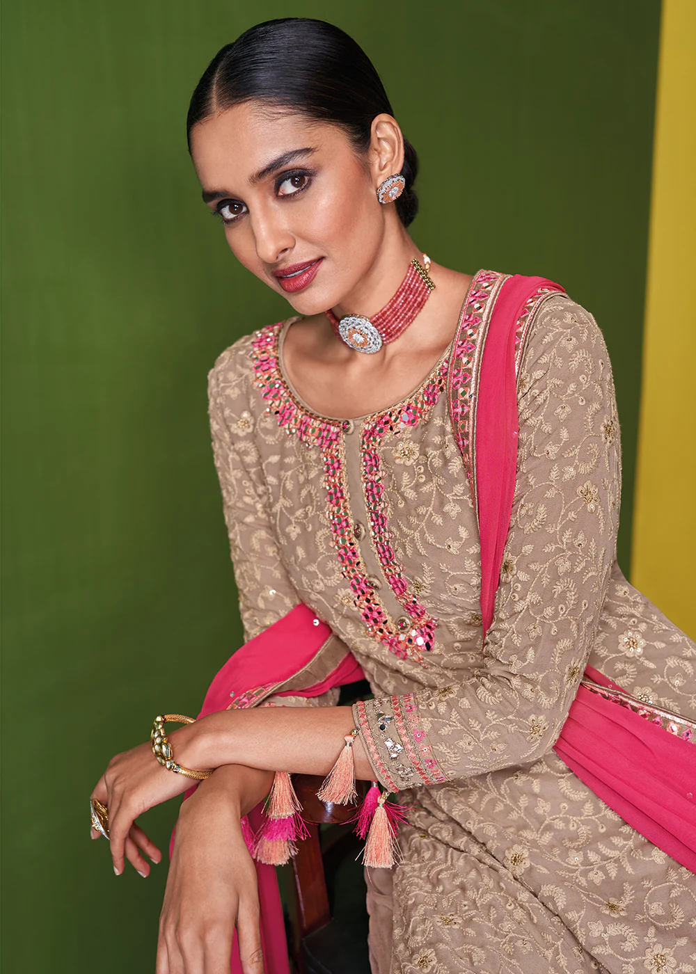 Beige Mauve Beautifully Embroidered Festive Palazzo Suit - Image 4