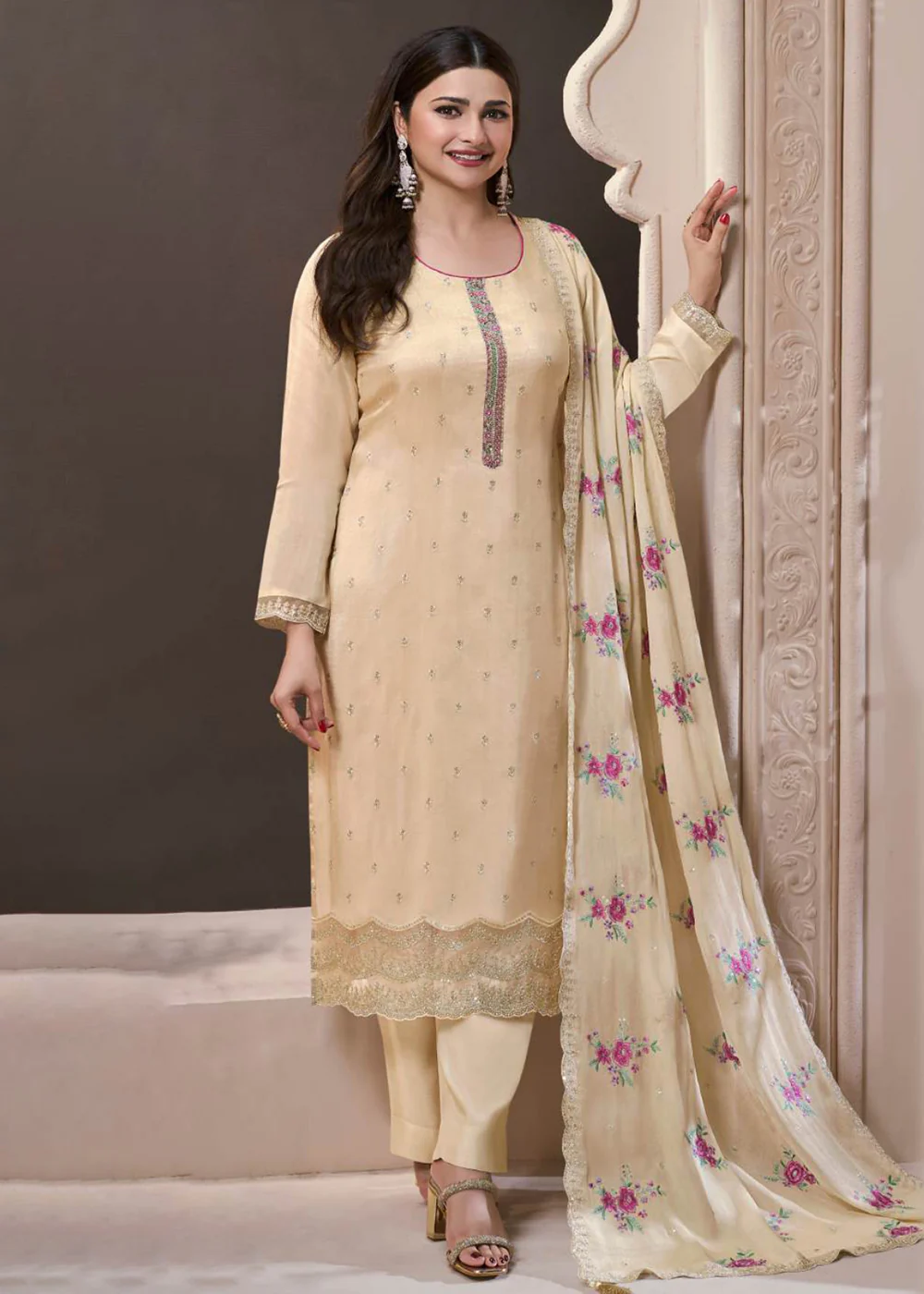 Beige Moonga Silk Embroidered Festive Style Salwar Suit