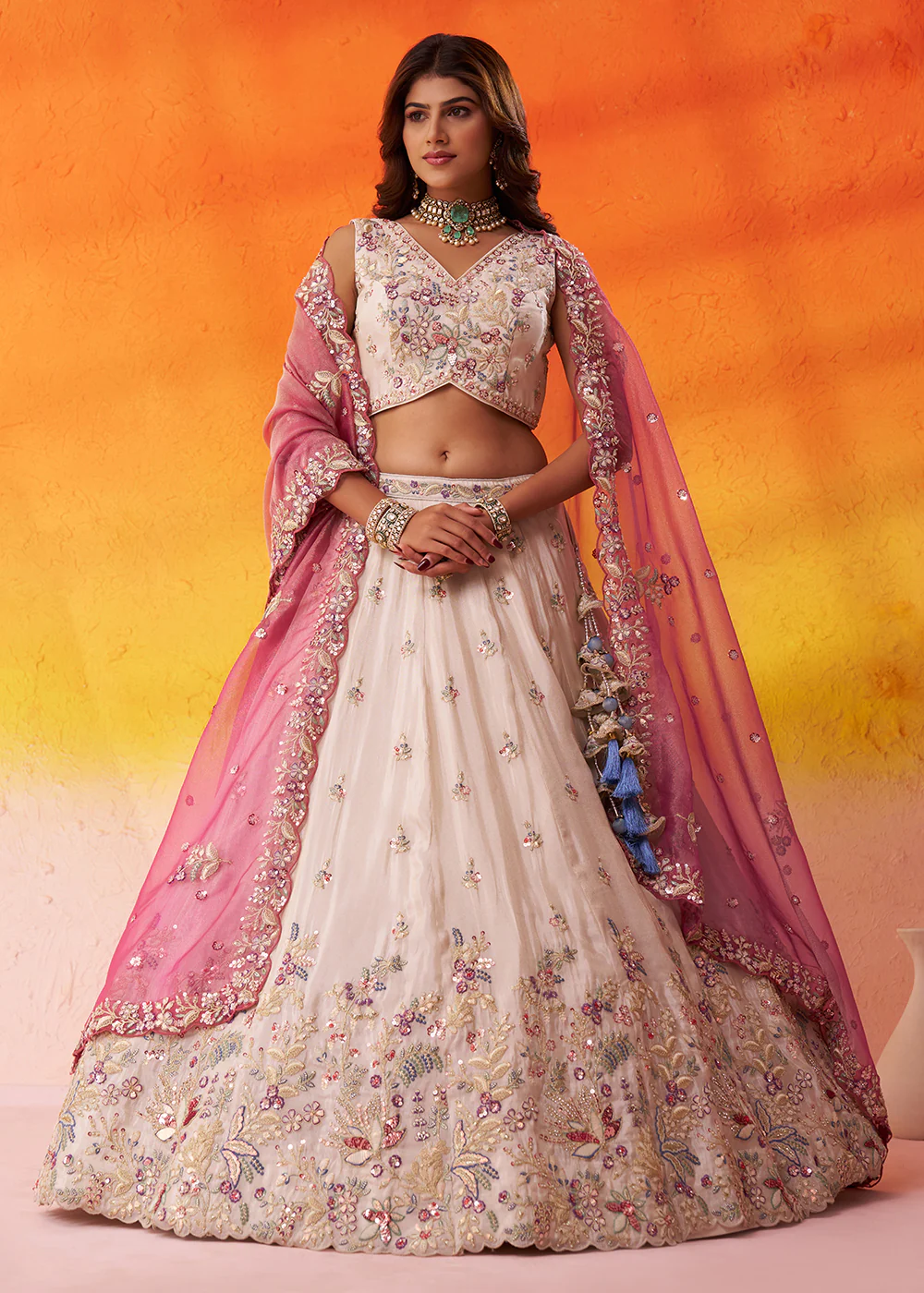 Beige Moti Work Designer Lehenga Choli with Pink Dupatta