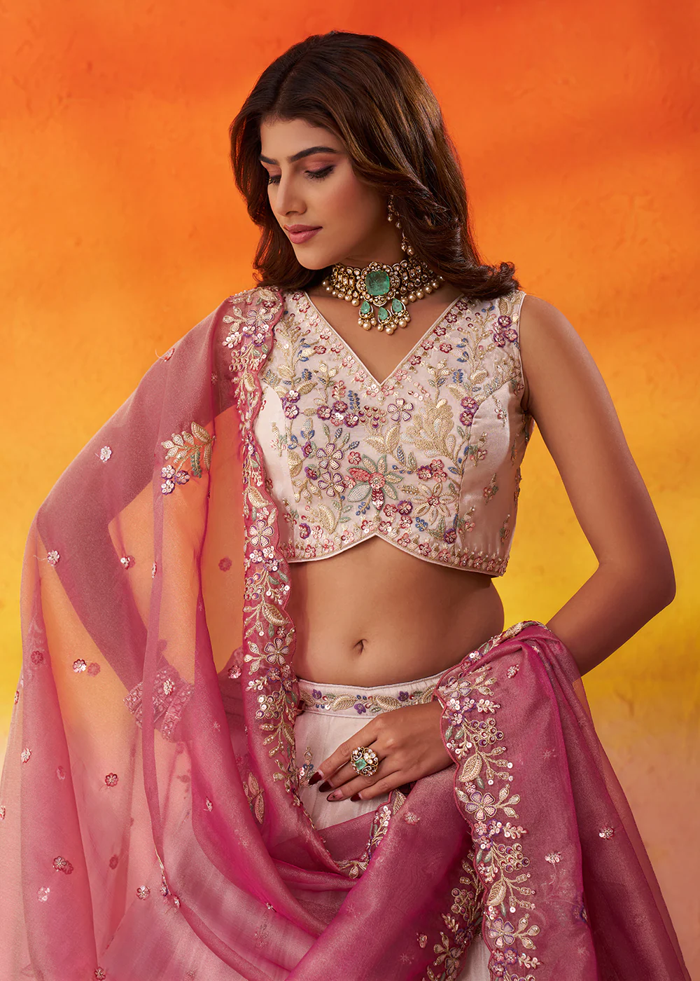 Beige Moti Work Designer Lehenga Choli with Pink Dupatta - Image 2