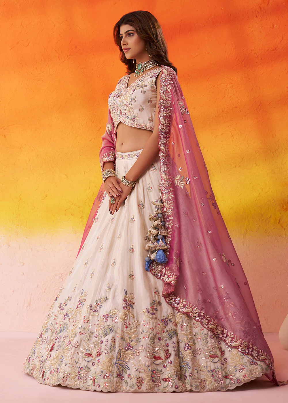 Beige Moti Work Designer Lehenga Choli with Pink Dupatta - Image 5