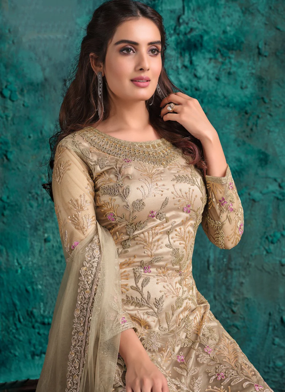 Beige Net Designer Fancy Pakistani Style Suit - Image 2