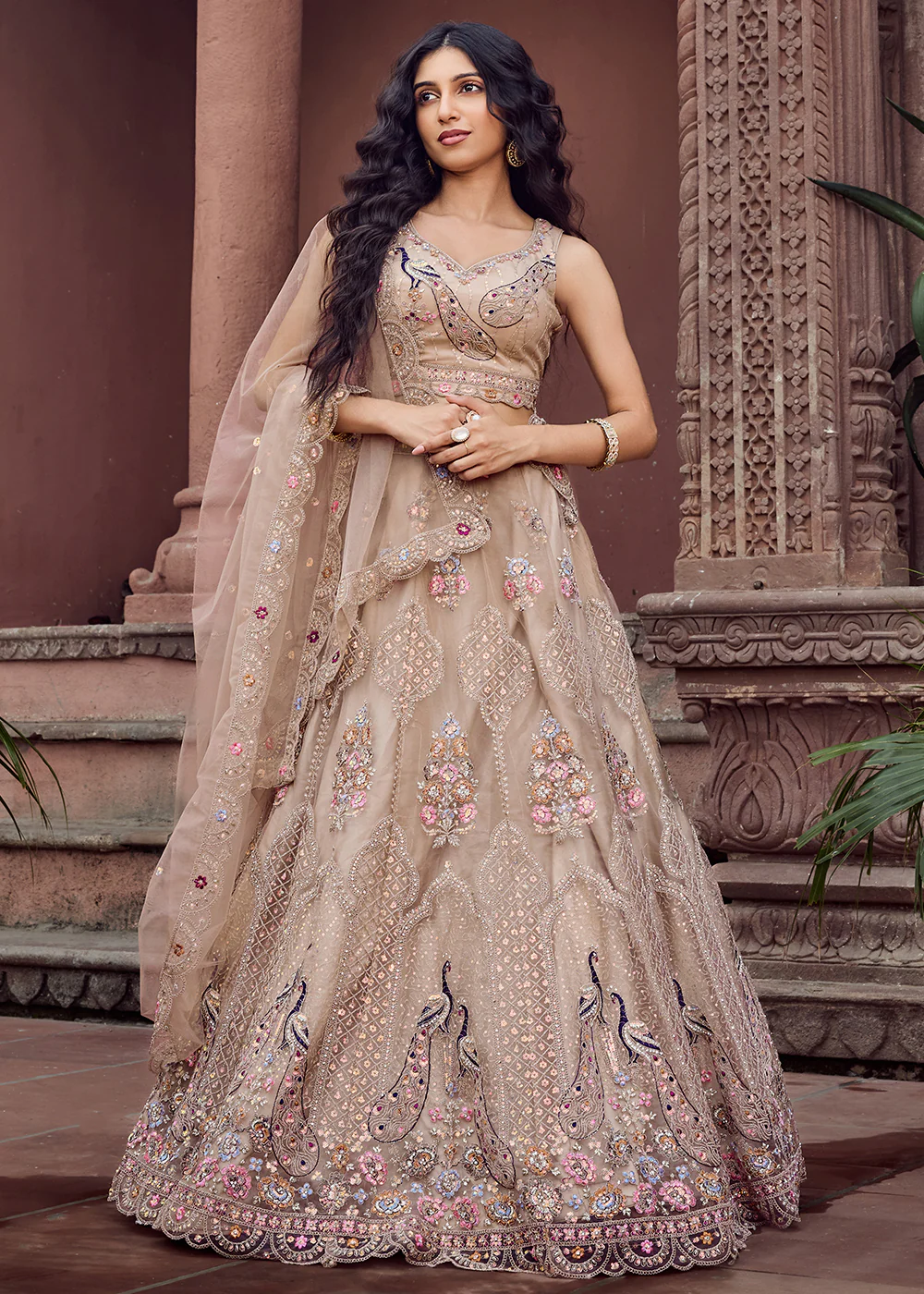 Beige Net Wedding Function Style Lehenga Choli