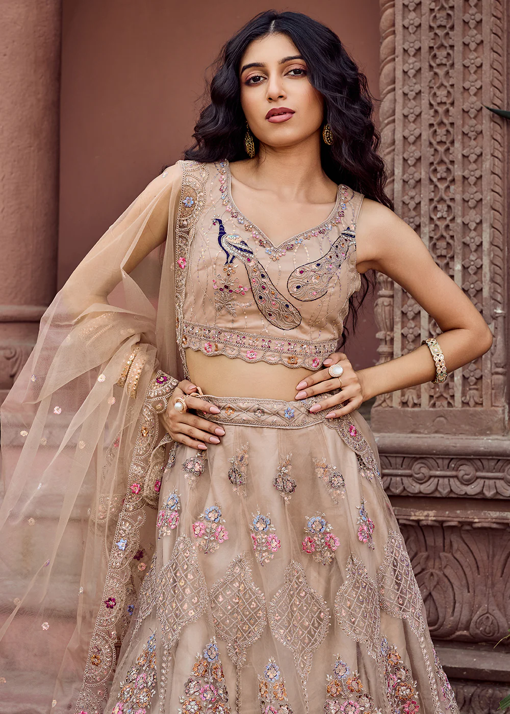 Beige Net Wedding Function Style Lehenga Choli - Image 2