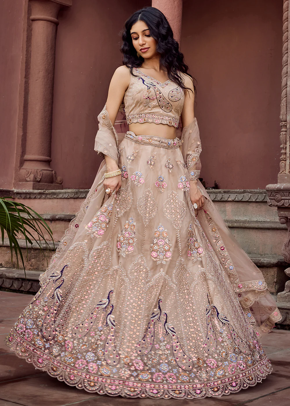 Beige Net Wedding Function Style Lehenga Choli - Image 4