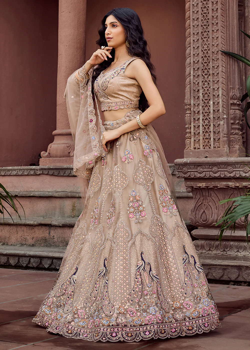 Beige Net Wedding Function Style Lehenga Choli - Image 5