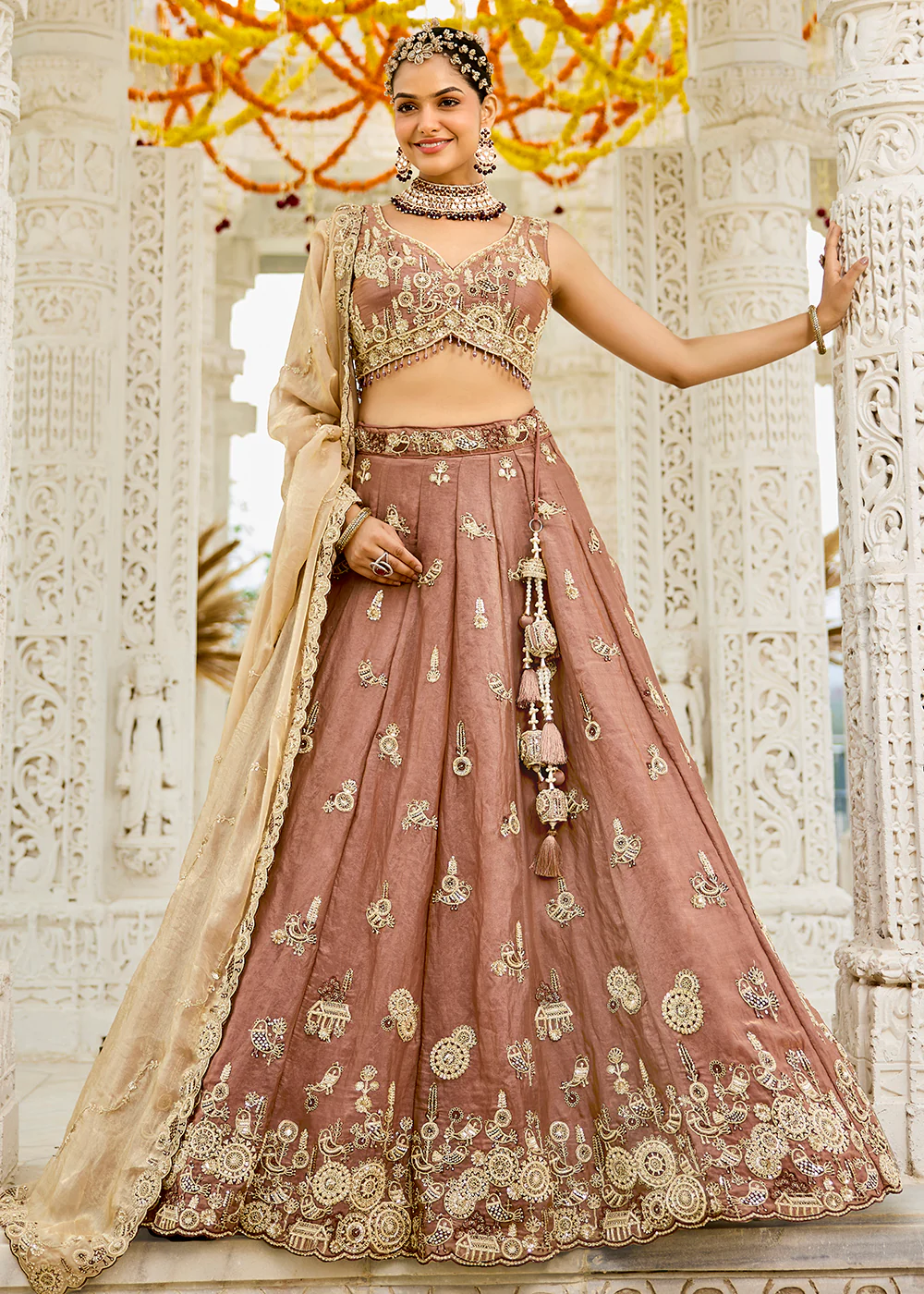 Beige Tissue Beads & Threads Wedding Lehenga Choli