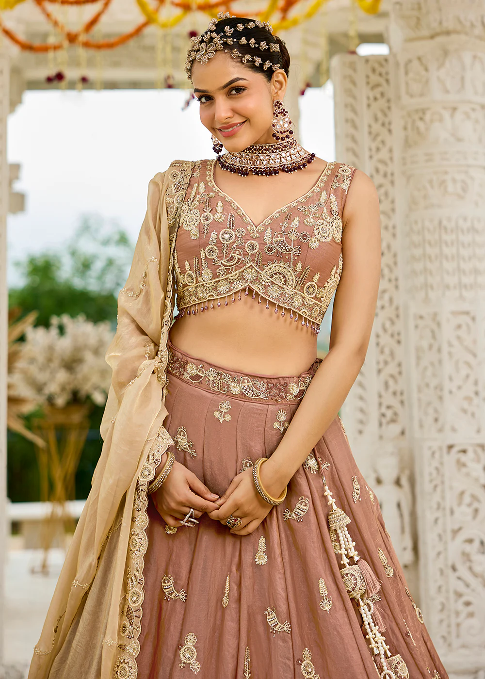 Beige Tissue Beads & Threads Wedding Lehenga Choli - Image 2