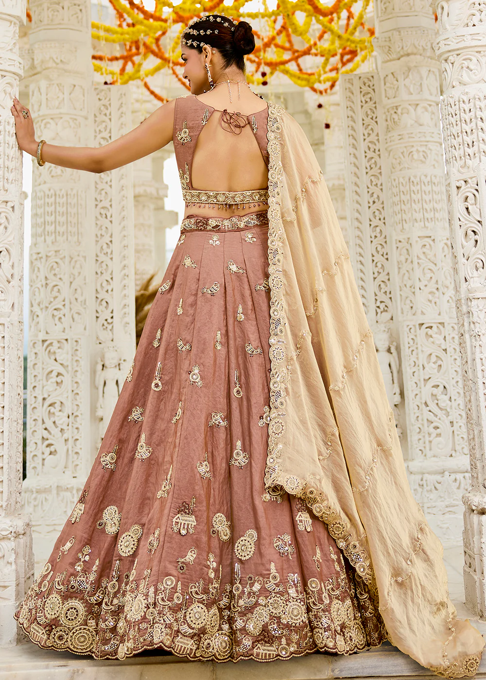 Beige Tissue Beads & Threads Wedding Lehenga Choli - Image 3