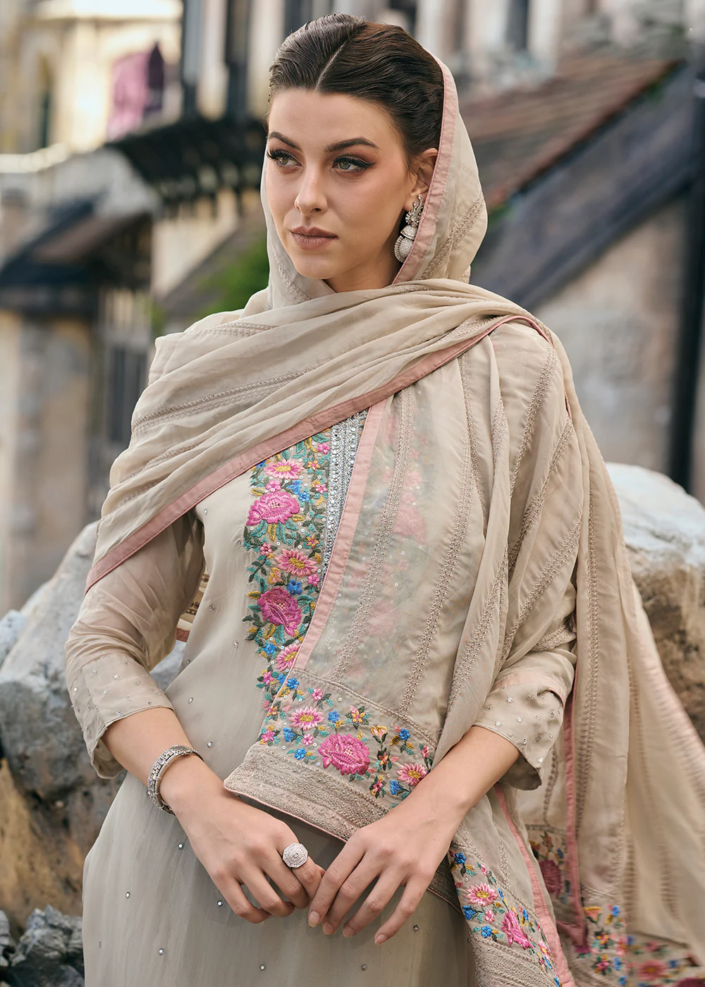 Beige Organza Fancy Khatli Embroidered Pant Style Salwar Suit - Image 2