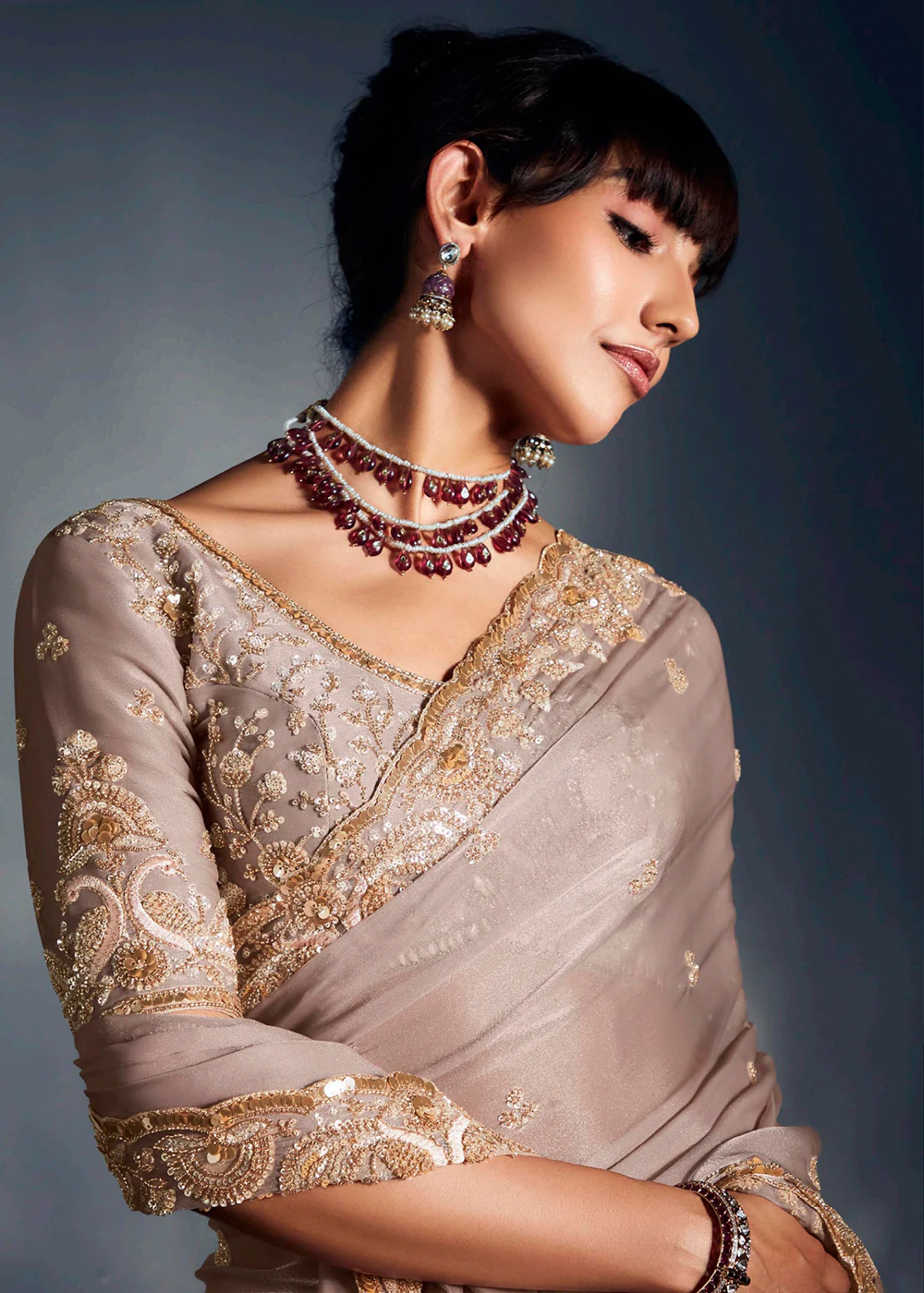 Beige Organza Khatli Work Designer Party Saree - Image 2