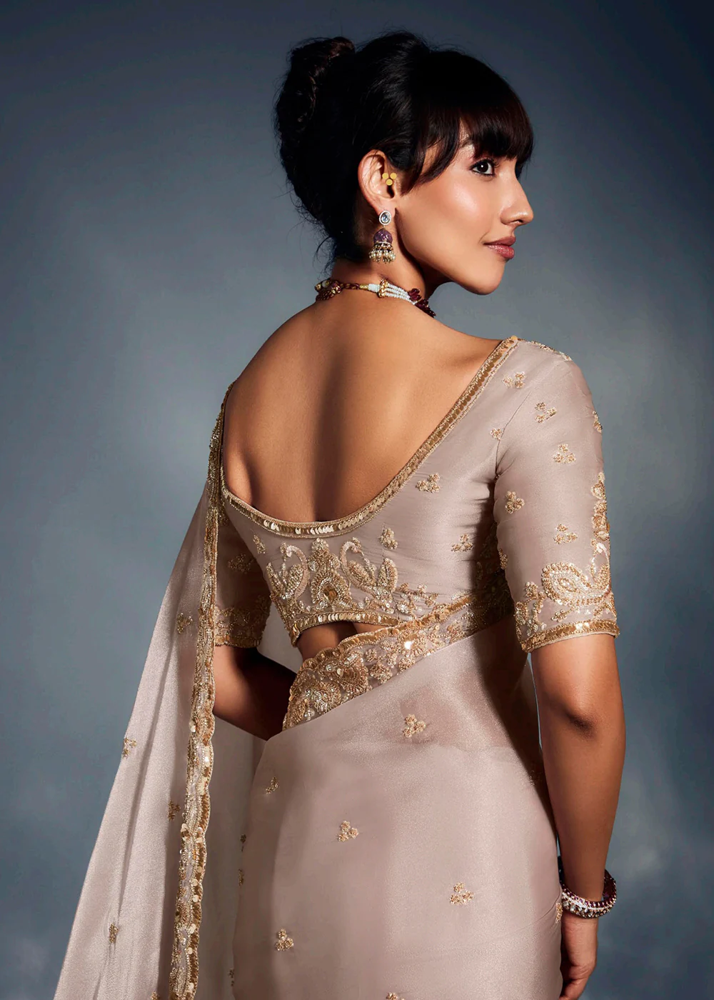 Beige Organza Khatli Work Designer Party Saree - Image 3
