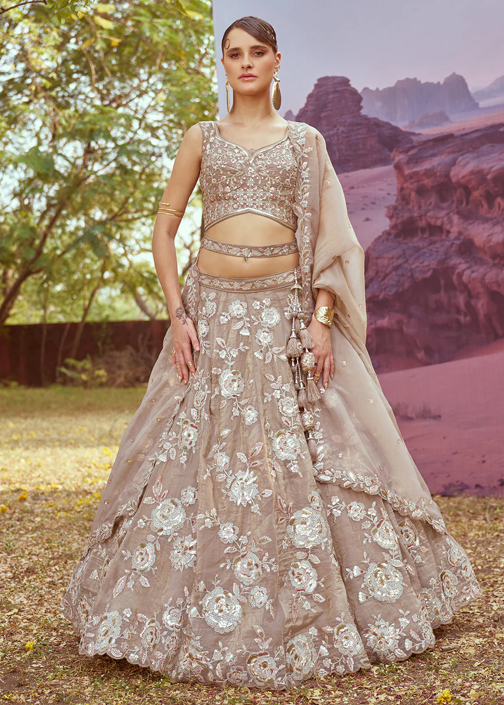 Beige Organza Multi Sequins Designer Lehenga Choli
