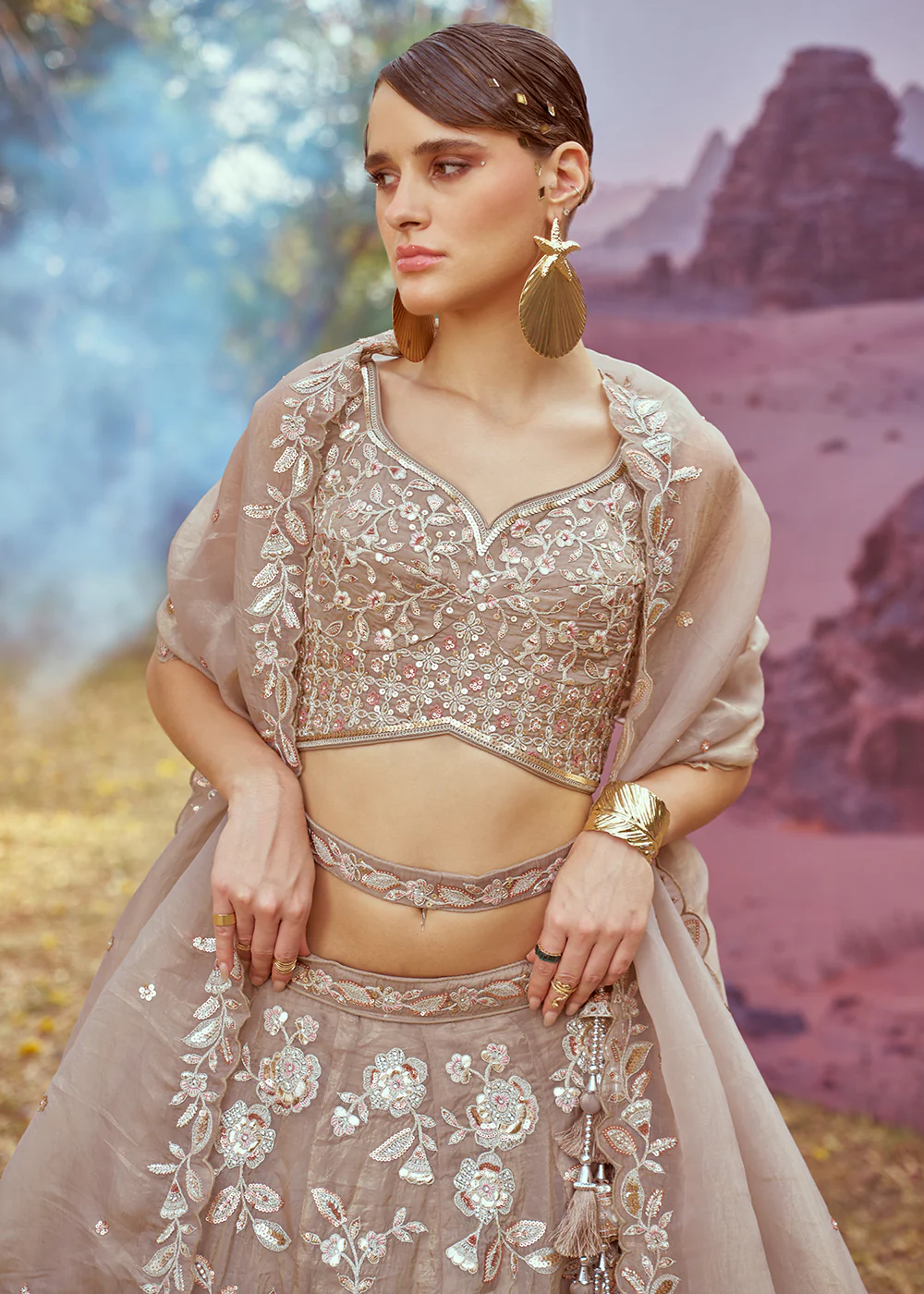Beige Organza Multi Sequins Designer Lehenga Choli - Image 2