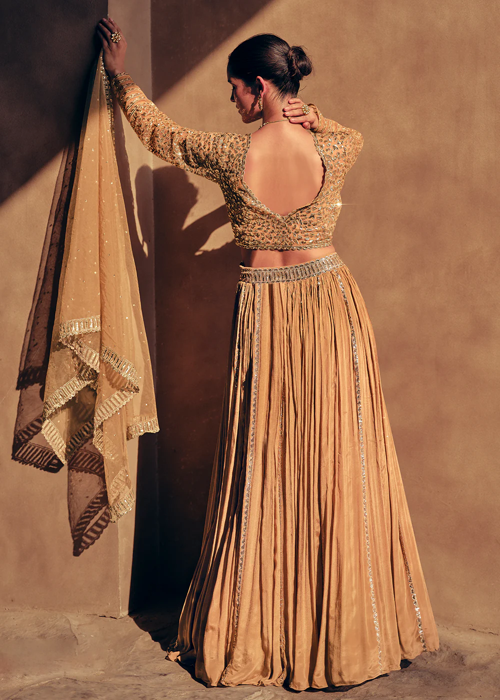 Beige Party Wear Chinnon Silk Designer Lehenga Choli - Image 3