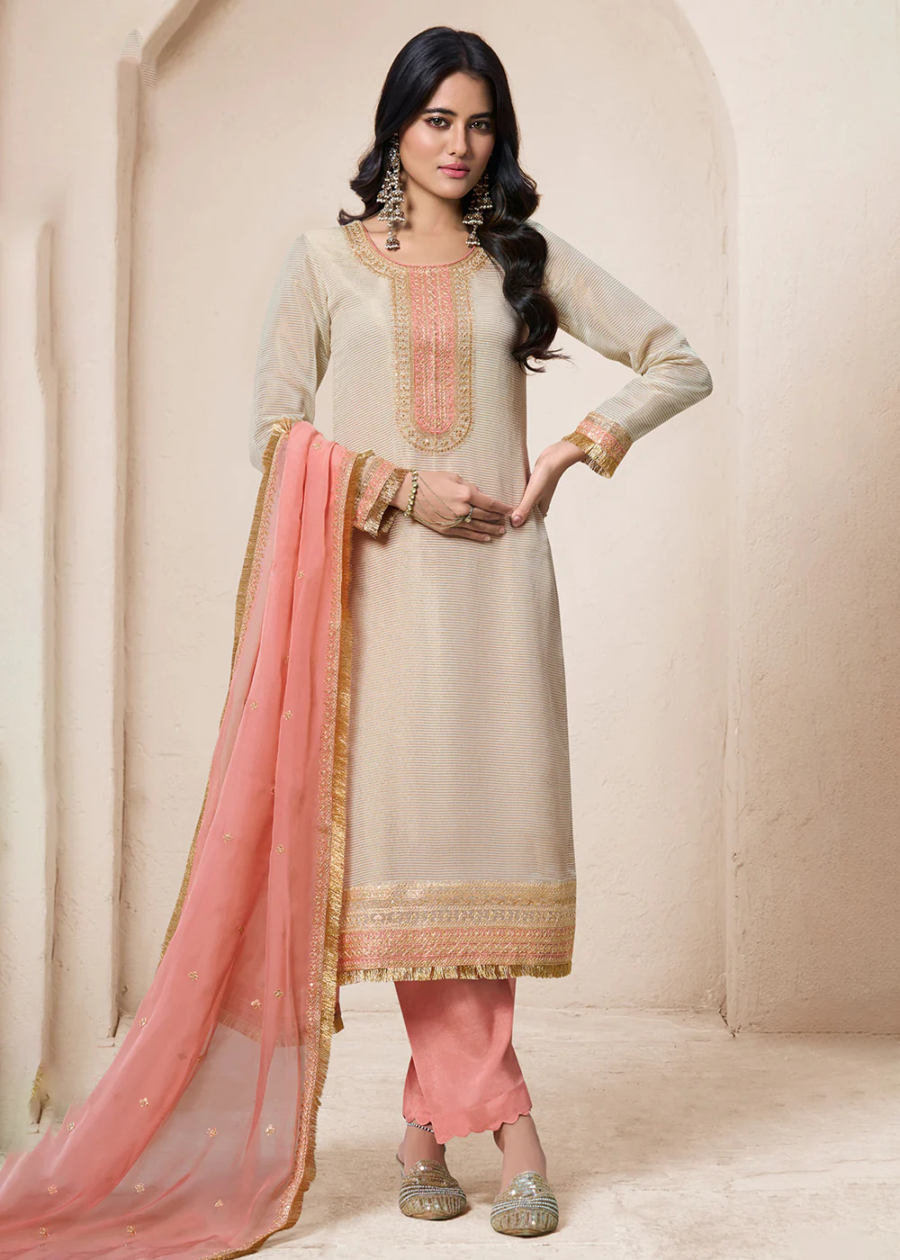Beige & Peach Viscose Organza Embroidered Salwar Suit