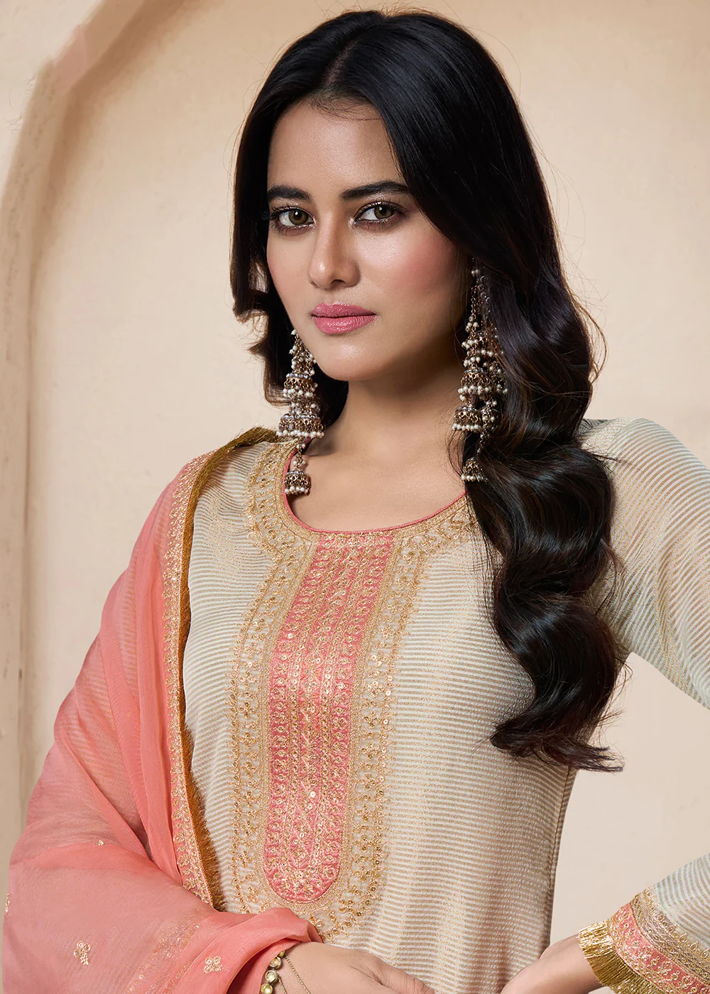 Beige & Peach Viscose Organza Embroidered Salwar Suit - Image 2