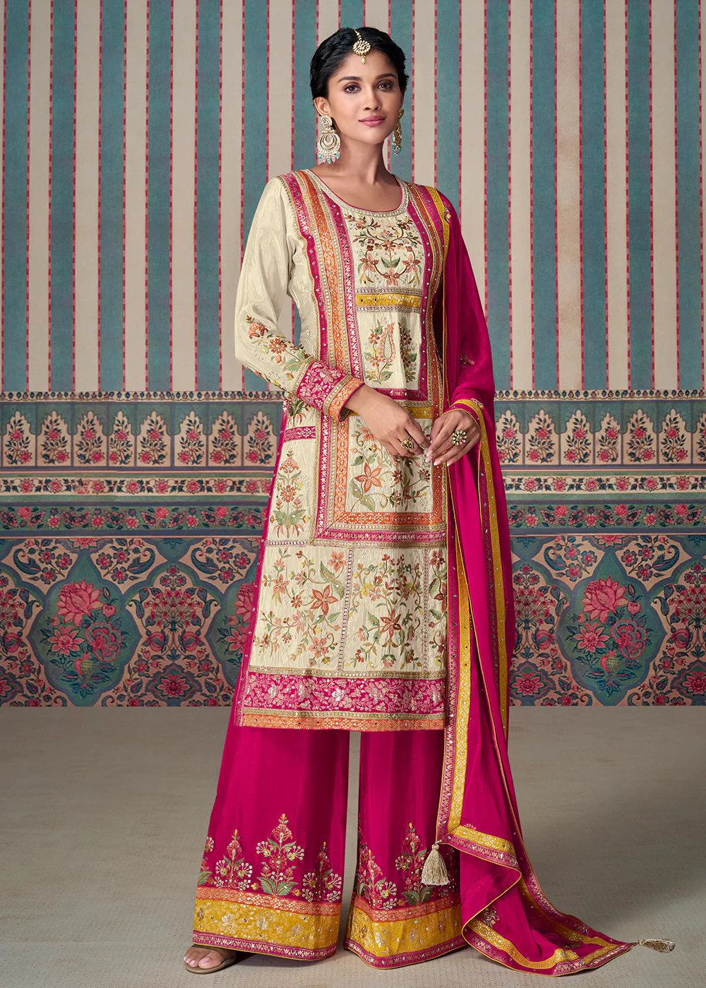 Beige & Pink All Over Lace Embroidered Palazzo Suit